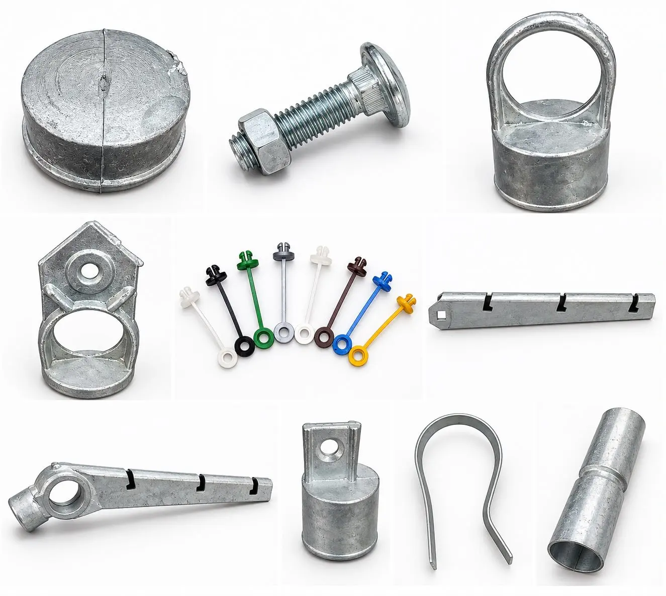 Accesorios galvanizados para malla ciclónica: tapones, abrazaderas, coples y espadas